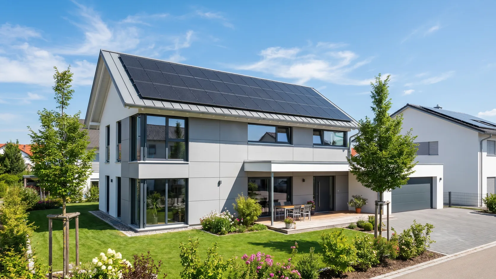 Modernes Einfamilienhaus mit neuer Photovoltaik-Anlage auf dem Dach an einem sonnigen Tag