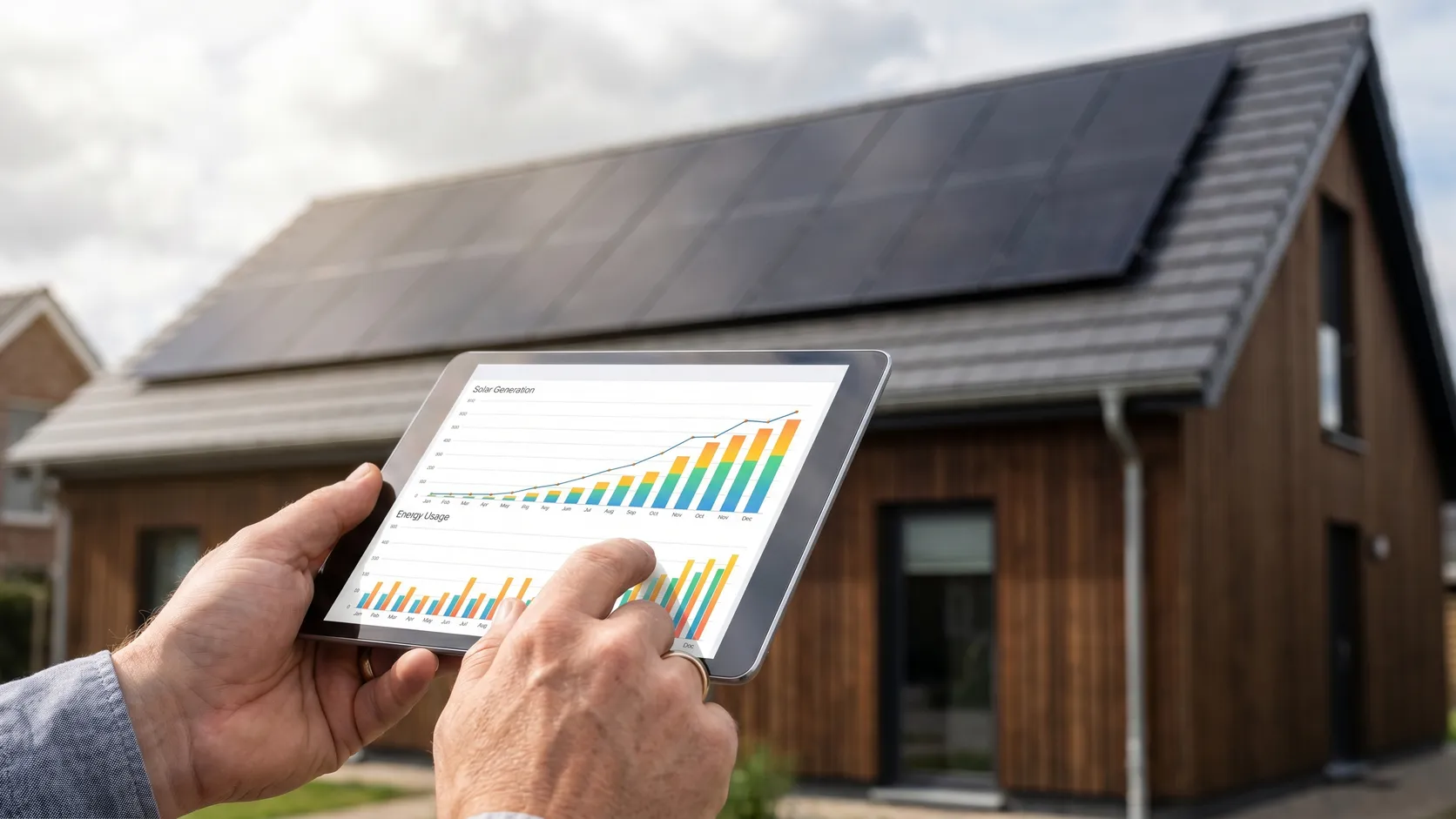 Hände halten ein Tablet mit Solar-Ertragsdaten vor einem Einfamilienhaus mit Photovoltaik-Anlage