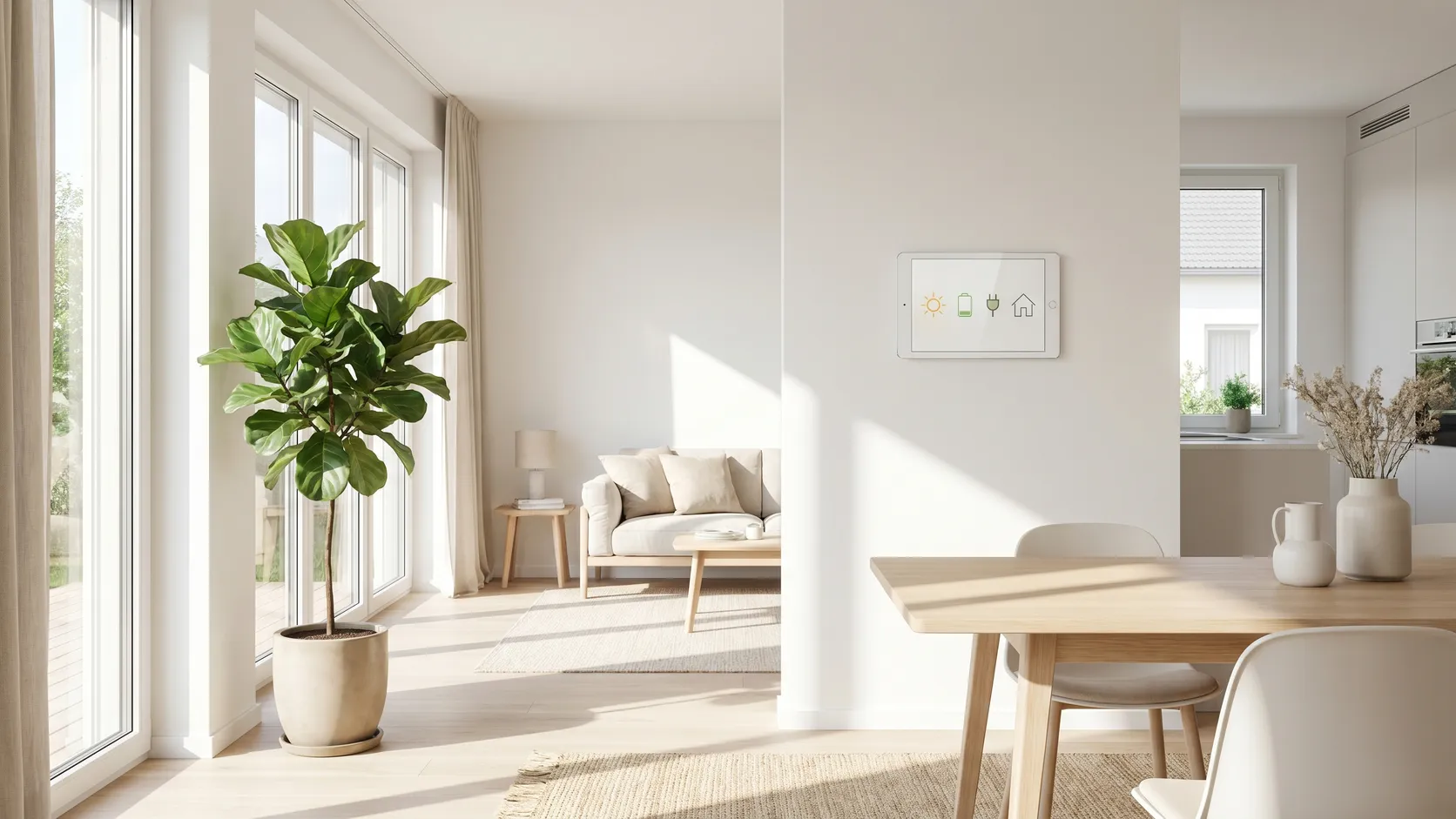 Helles modernes Wohnzimmer mit smartem Energiemanagement-Display an der Wand